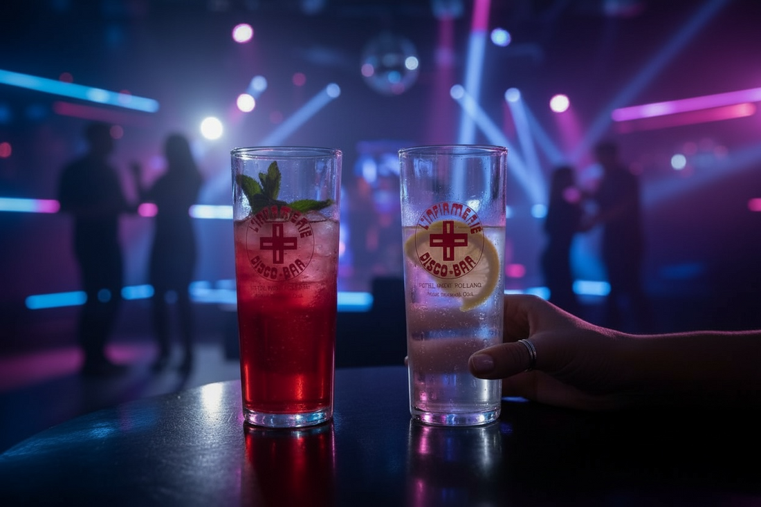Vintage L’Infirmerie Disco-Bar souvenir glasses from Mont-Rolland, Québec. Rare nightlife memorabilia in excellent condition. Pair of original high-ball glasses.