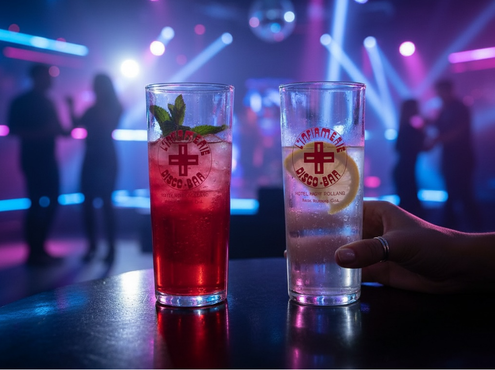 Vintage L’Infirmerie Disco-Bar souvenir glasses from Mont-Rolland, Québec. Rare nightlife memorabilia in excellent condition. Pair of original high-ball glasses.
