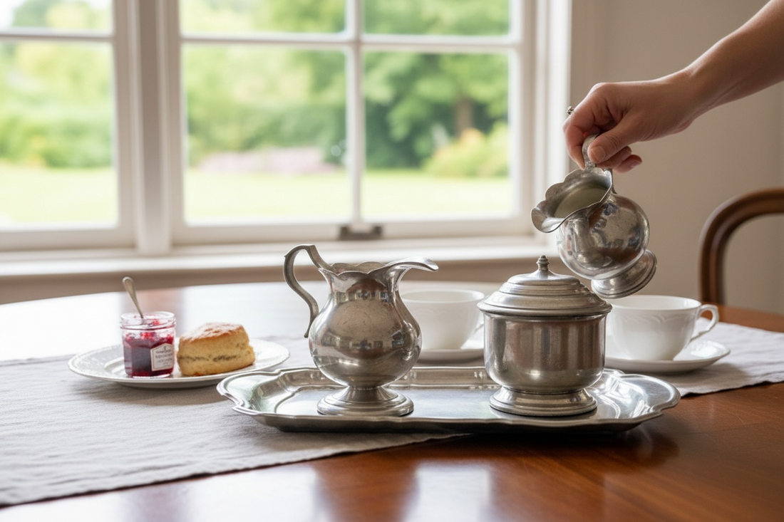 Vintage Stieff Pewter Colonial Williamsburg creamer sugar bowl tray set. Classic American traditional tableware with matching pieces and tray.