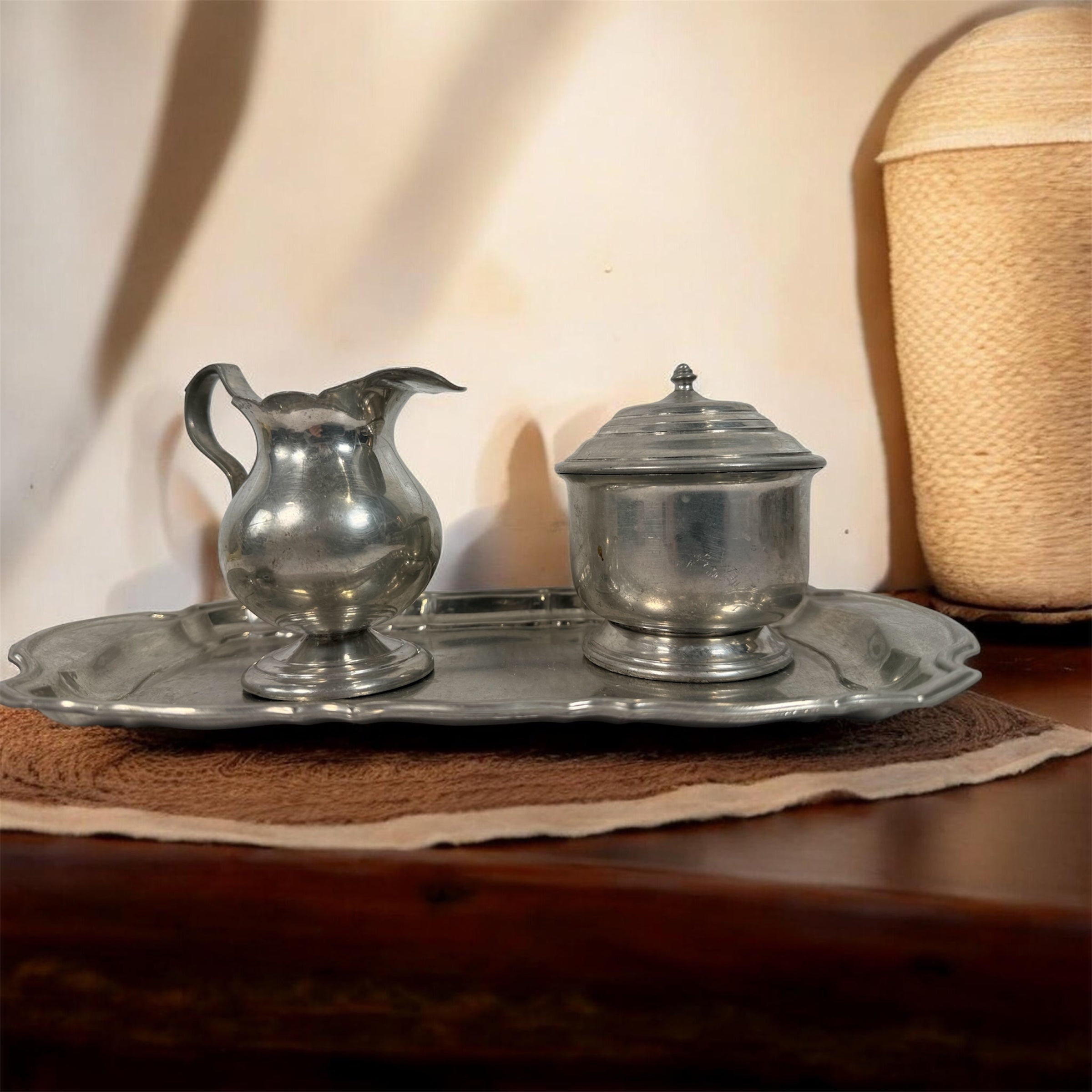 Vintage Stieff Pewter Colonial Williamsburg creamer sugar bowl tray set. Classic American traditional tableware with matching pieces and tray.