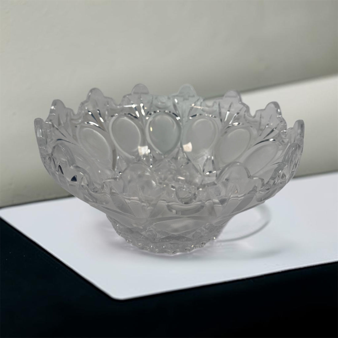 Mid-century pressed glass bowl with frosted thumbprint pattern and scalloped rim. Heavy decorative centerpiece perfect for vintage or retro home decor.
