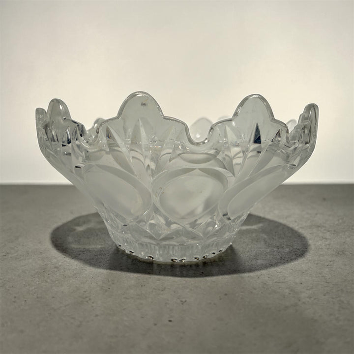 Mid-century pressed glass bowl with frosted thumbprint pattern and scalloped rim. Heavy decorative centerpiece perfect for vintage or retro home decor.