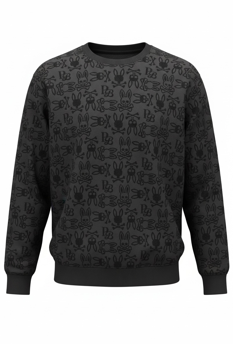Psycho Bunny Skull Logo Crewneck Sweatshirt, Grey Black Print. - Large-