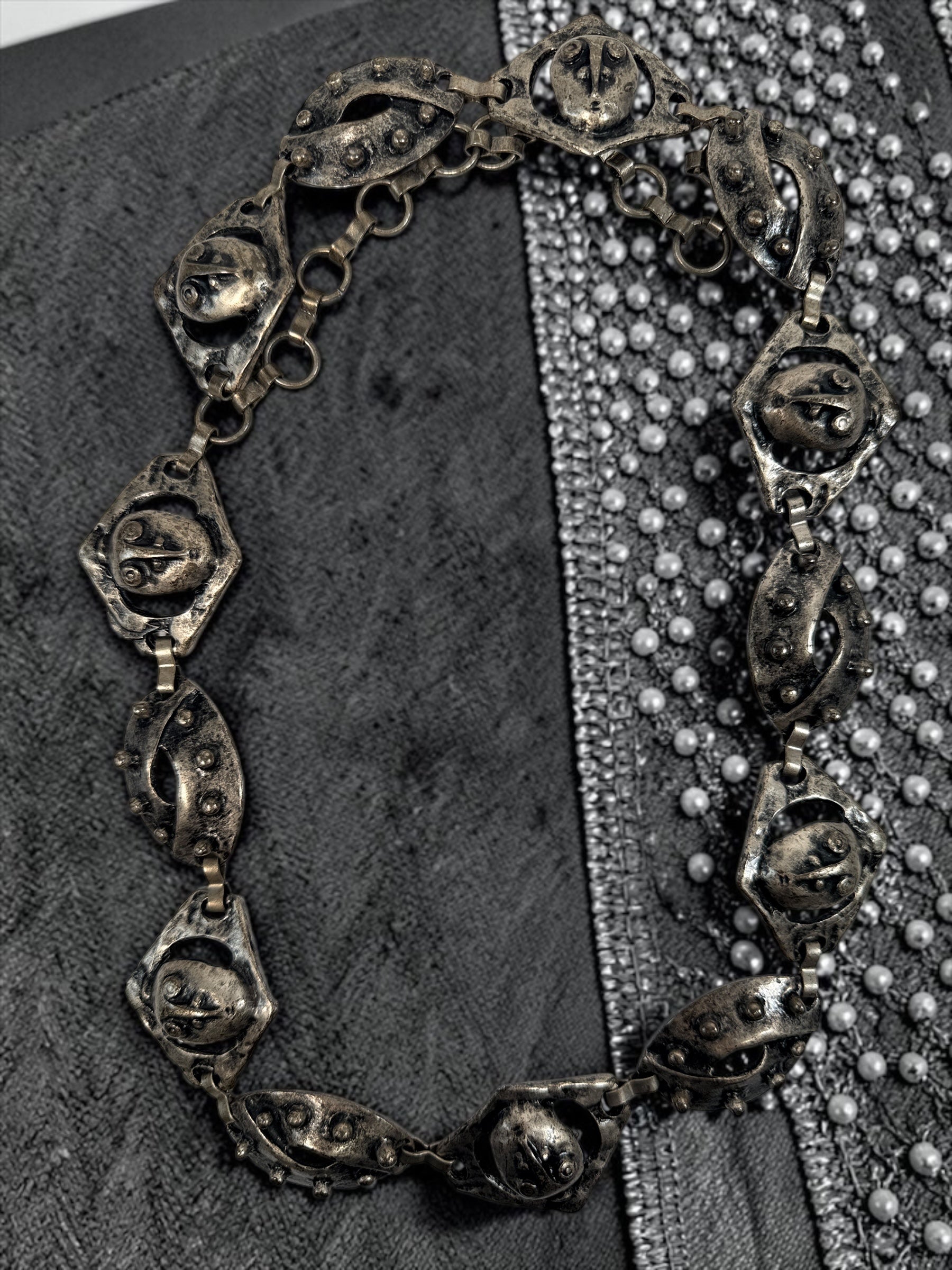 Vintage Brutalist Pewter Face Link Belt 37" Modernist Sculptural Jewelry