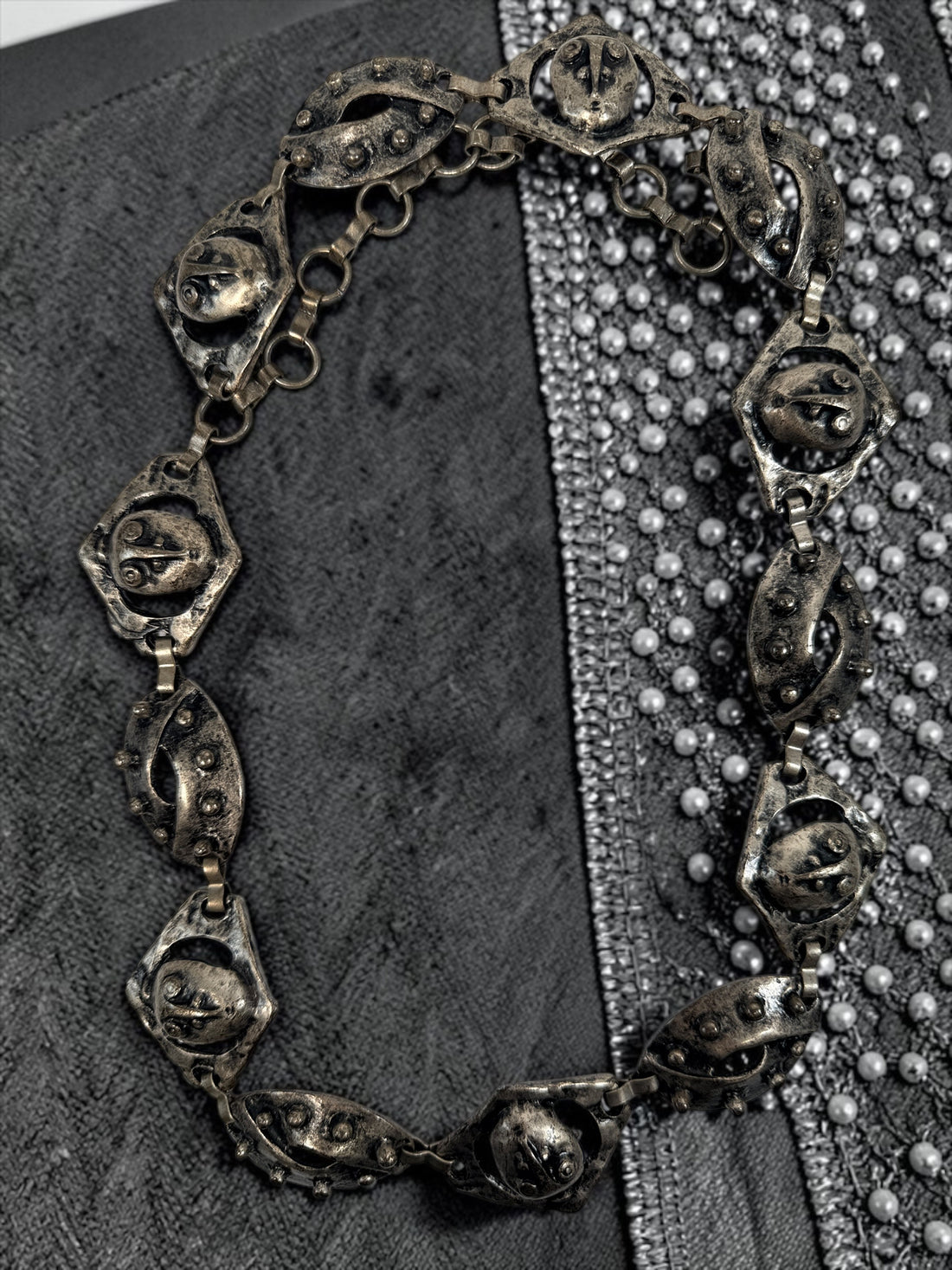 Vintage Brutalist Pewter Face Link Belt 37" Modernist Sculptural Jewelry
