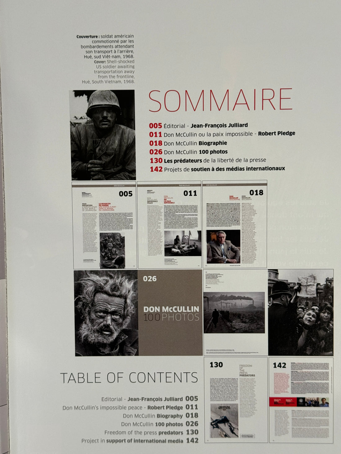 Table of contents with black and white images and text on a white background