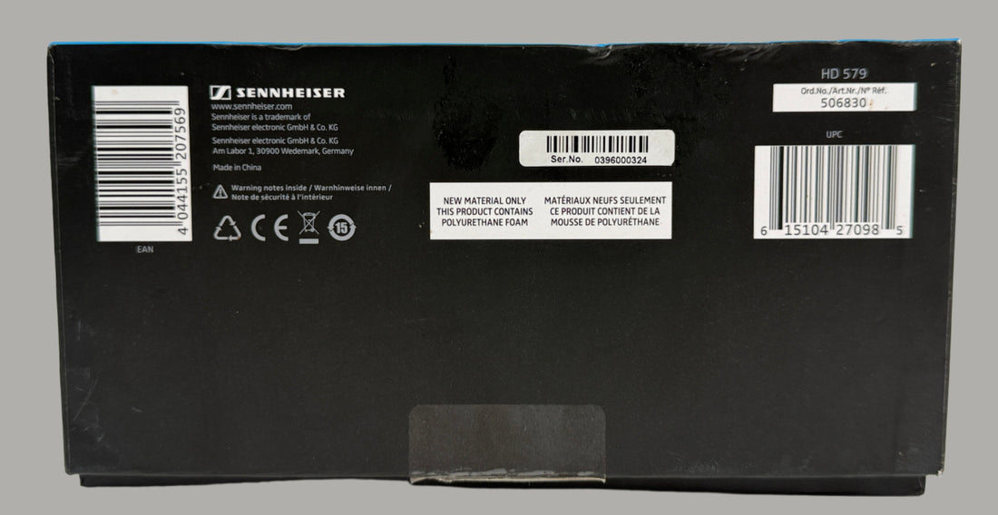 Sennheiser product packaging with labels and barcodes on a white background