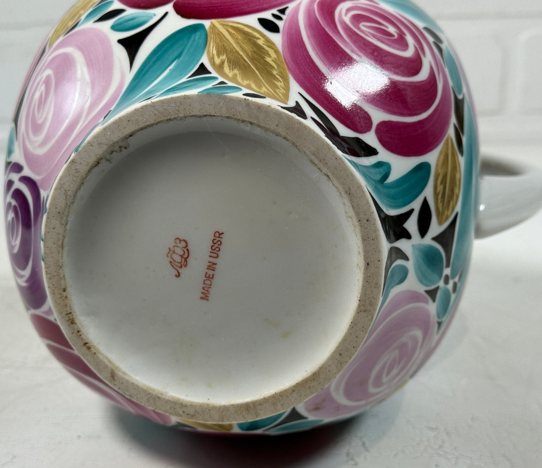 Vintage Lomonosov LFZ 1980s porcelain teapot with hand-painted roses and gold trim. Collectible Soviet-era floral design in excellent condition.