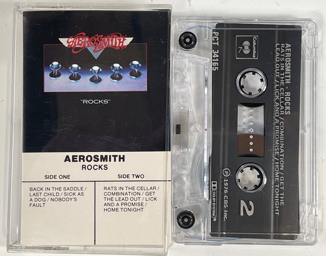 Aerosmith 'Rocks' cassette tape with clear plastic cover on a white background