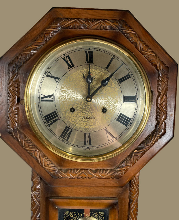 Vintage Sankyo 31-Day Wall Clock – Carved Wood Case, Brass Dial, Pendulum & Key – Made in Japan
