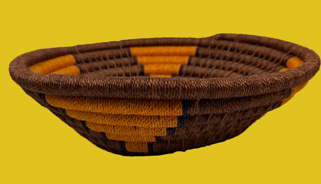 Hand-Woven Brown & Orange Coiled Basket – 13” Diameter Artisan Décor