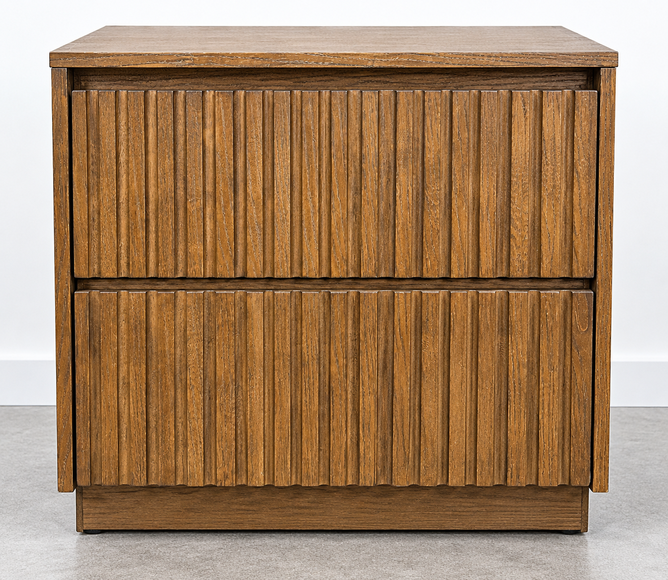 Studio-style front image of two-drawer fluted brown nightstand