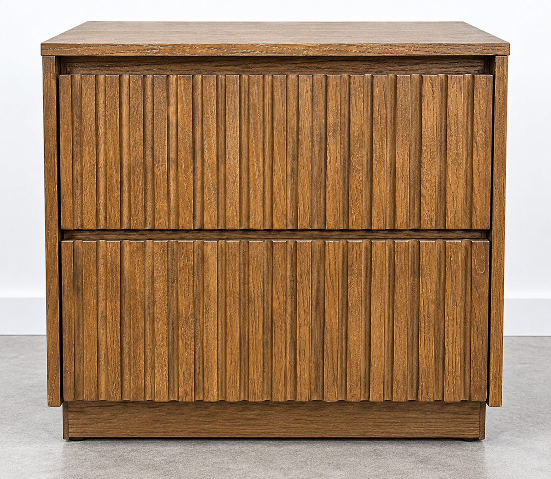 Studio-style front image of two-drawer fluted brown nightstand