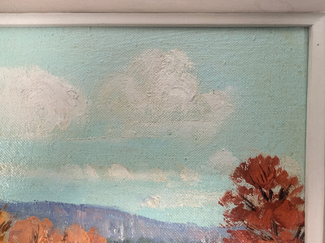 Original signed S. Berne oil painting featuring a colorful autumn countryside landscape in a carved vintage frame. Ideal farmhouse or cottage decor.
