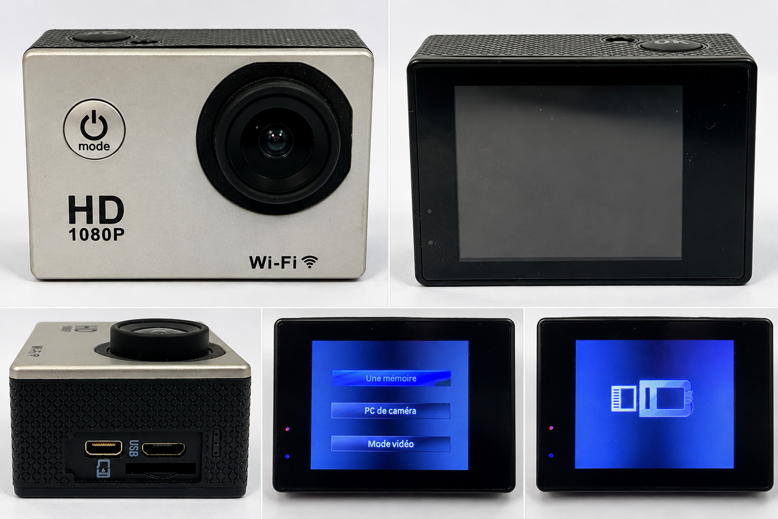 HD 1080P Wi-Fi action camera product views on white background