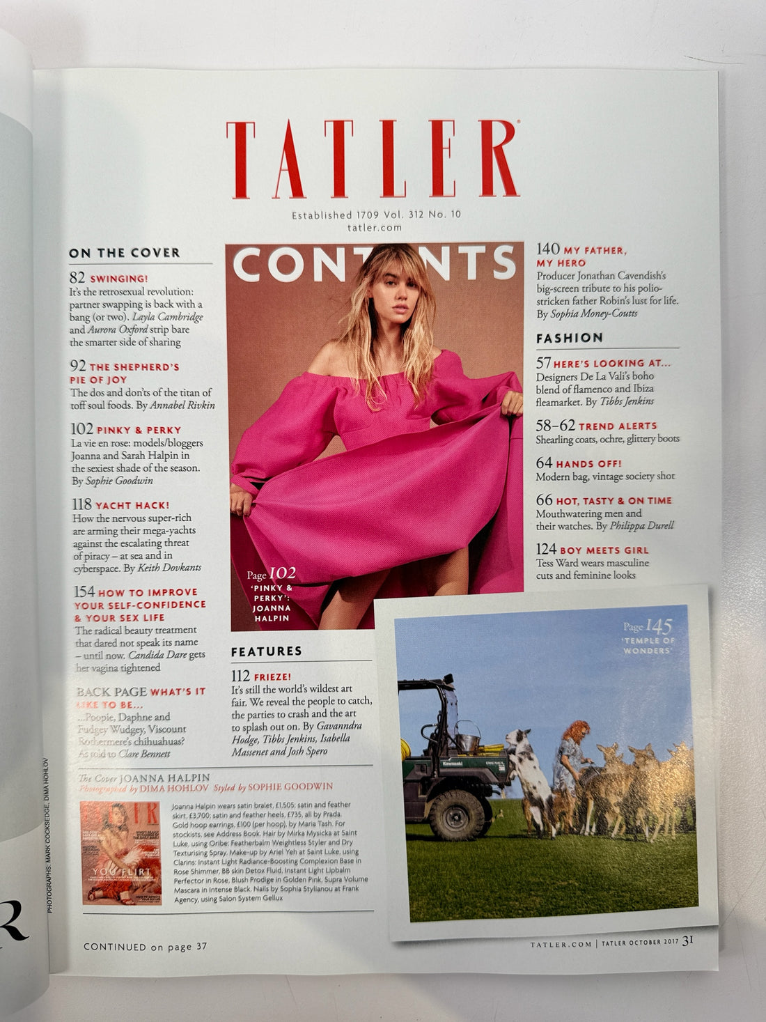 Éco-Dépôt Montréal Tatler Magazine October 2017 contents page featuring Joanna Halpin in a pink dress.