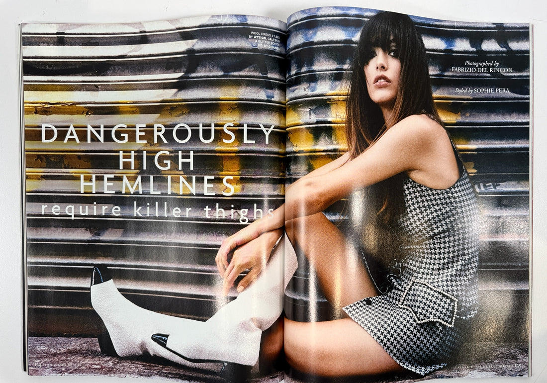 Éco-Dépôt Montréal magazine spread featuring a model in a houndstooth dress and white boots against a metal background.