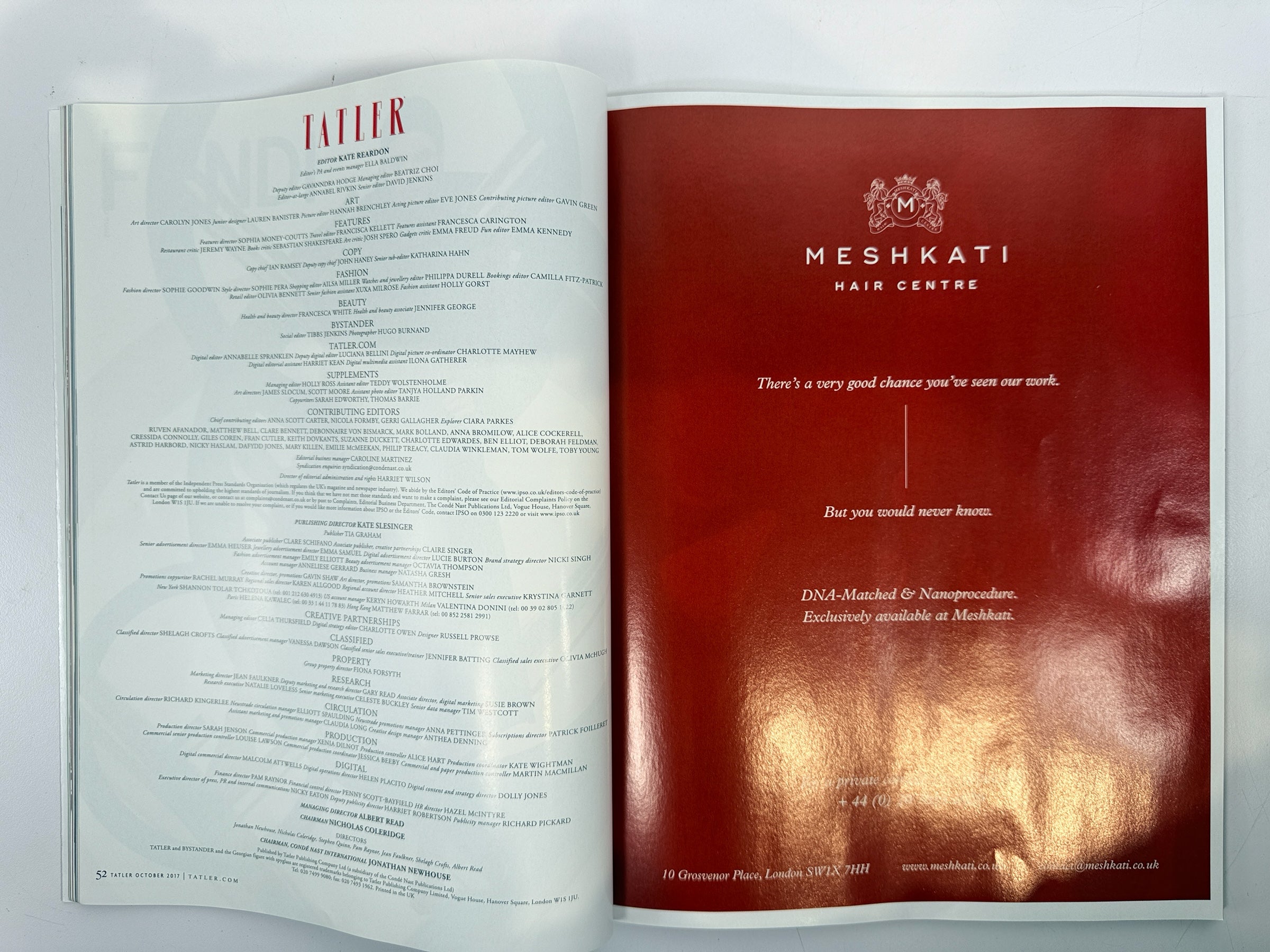 Éco-Dépôt Montréal Tatler magazine masthead page with Meshkati Hair Centre advertisement on the right side