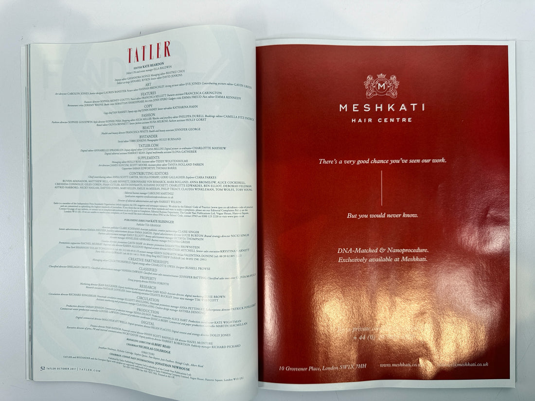 Éco-Dépôt Montréal Tatler magazine masthead page with Meshkati Hair Centre advertisement on the right side