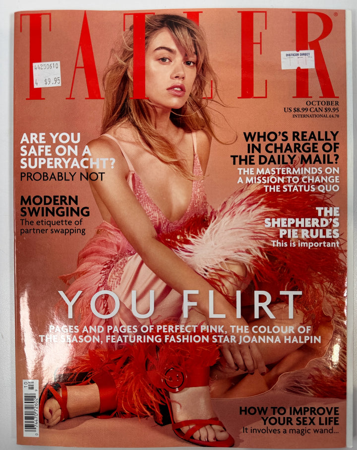 Éco-Dépôt Montréal Tatler October 2017 magazine cover featuring Joanna Halpin in a pink feathered dress