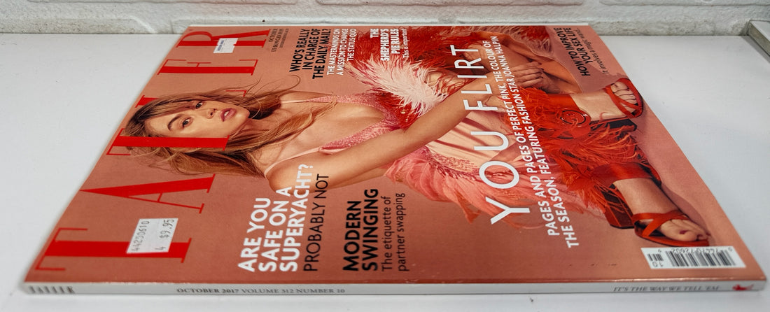 Éco-Dépôt Montréal Tatler magazine October 2017 edition featuring Joanna Halpin on the cover in a pink feather dress.
