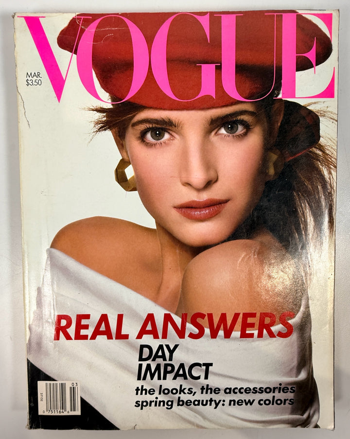 Vintage Vogue March 1988 featuring Stephanie Seymour photographed by Richard Avedon. Collectible 1980s fashion magazine with iconic designer editorials.