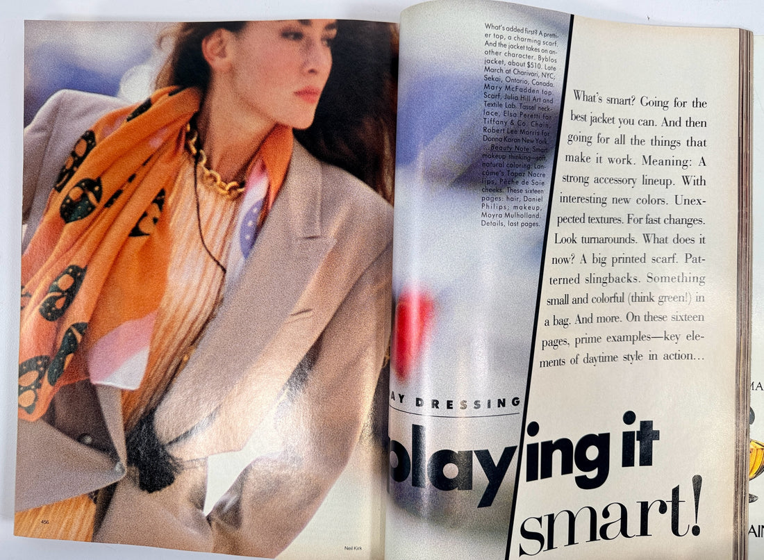 Éco-Dépôt Montréal vintage 1988 Vogue magazine editorial spread featuring a model in a beige blazer and orange scarf.