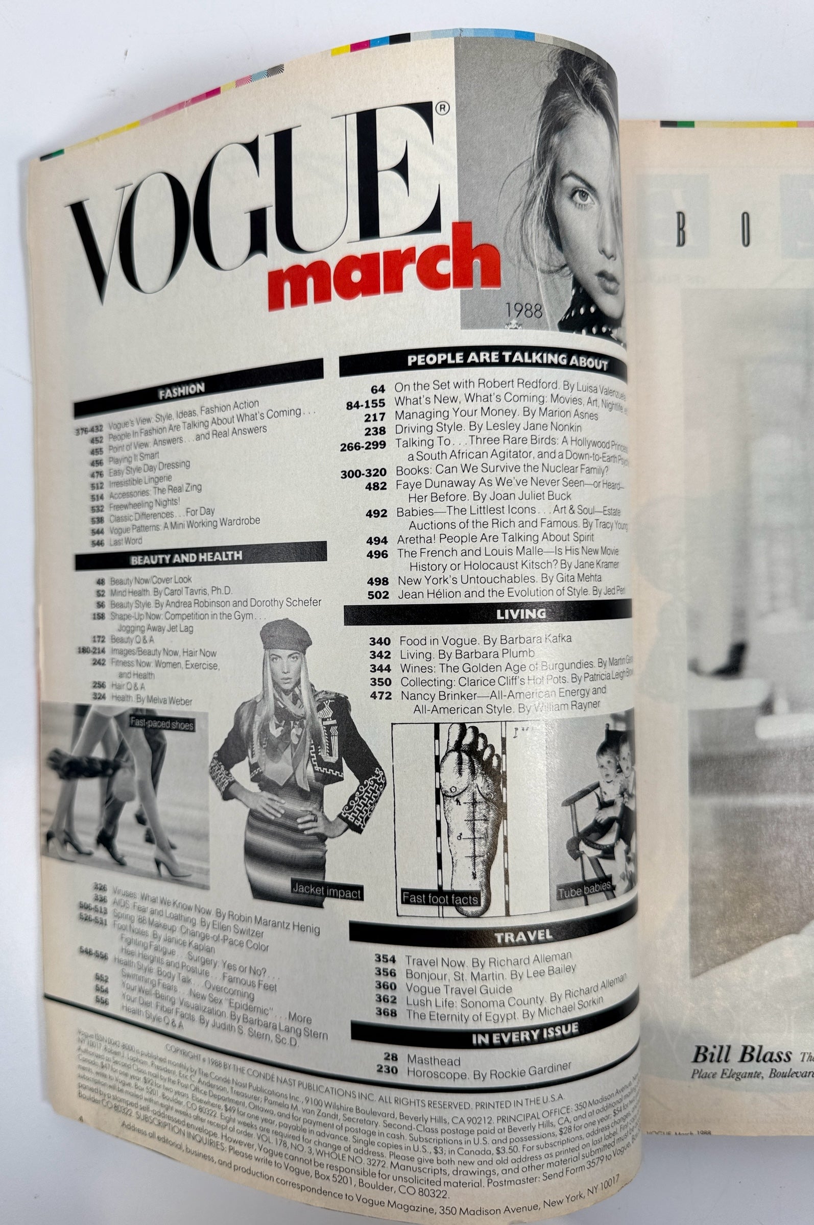 Éco-Dépôt Montréal vintage March 1988 Vogue magazine table of contents page with editorial fashion photography