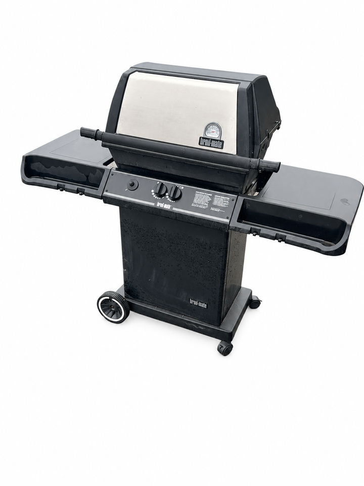 Used Broil-Mate BBQ with closed lid and side shelves, background removed