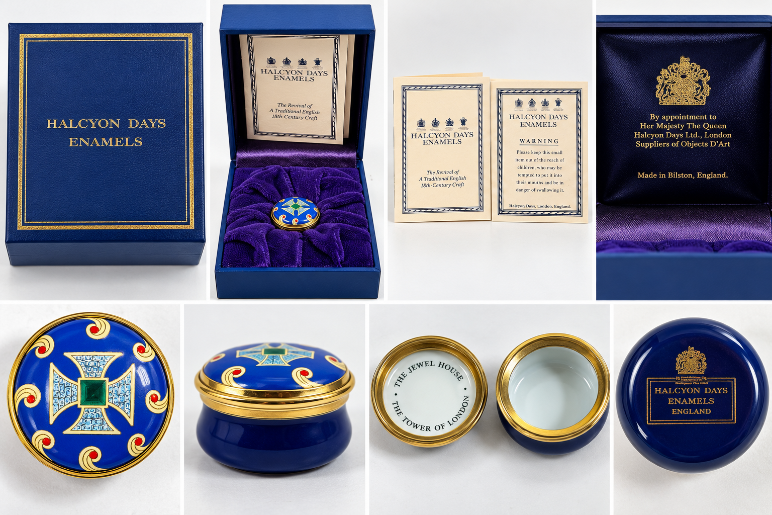 Halcyon Days Jewel House enamel trinket box – studio-style product overview collage