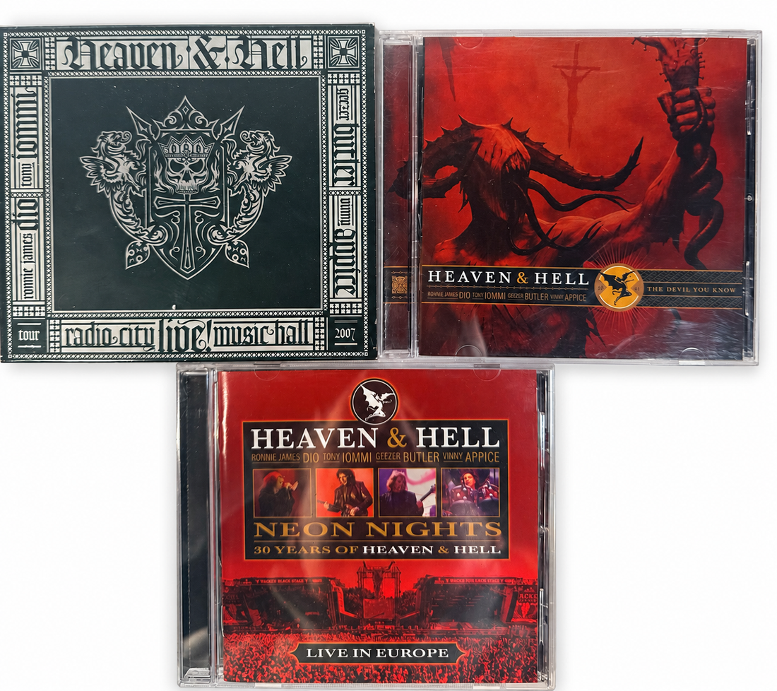 Heaven & Hell CD lot, AI-edited white background