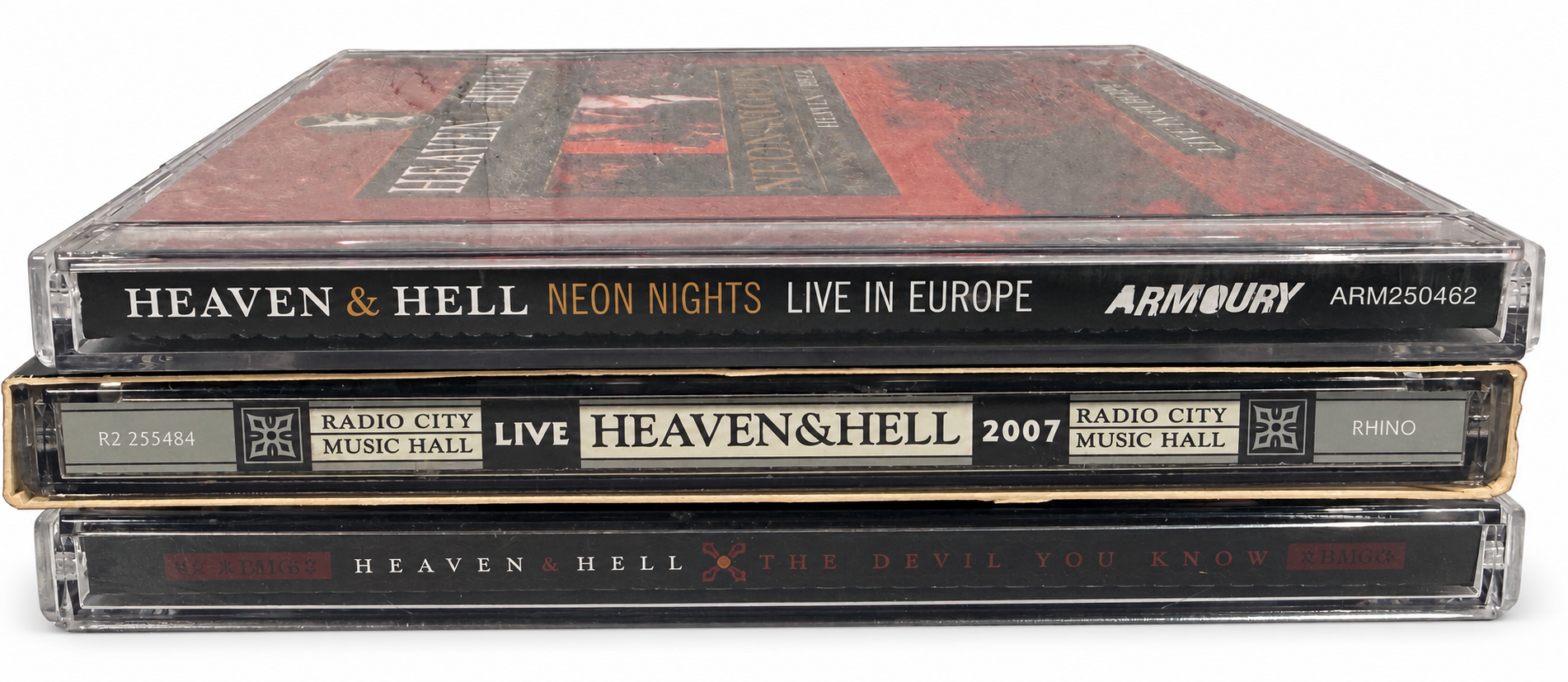 Heaven & Hell CD lot, AI-edited white background