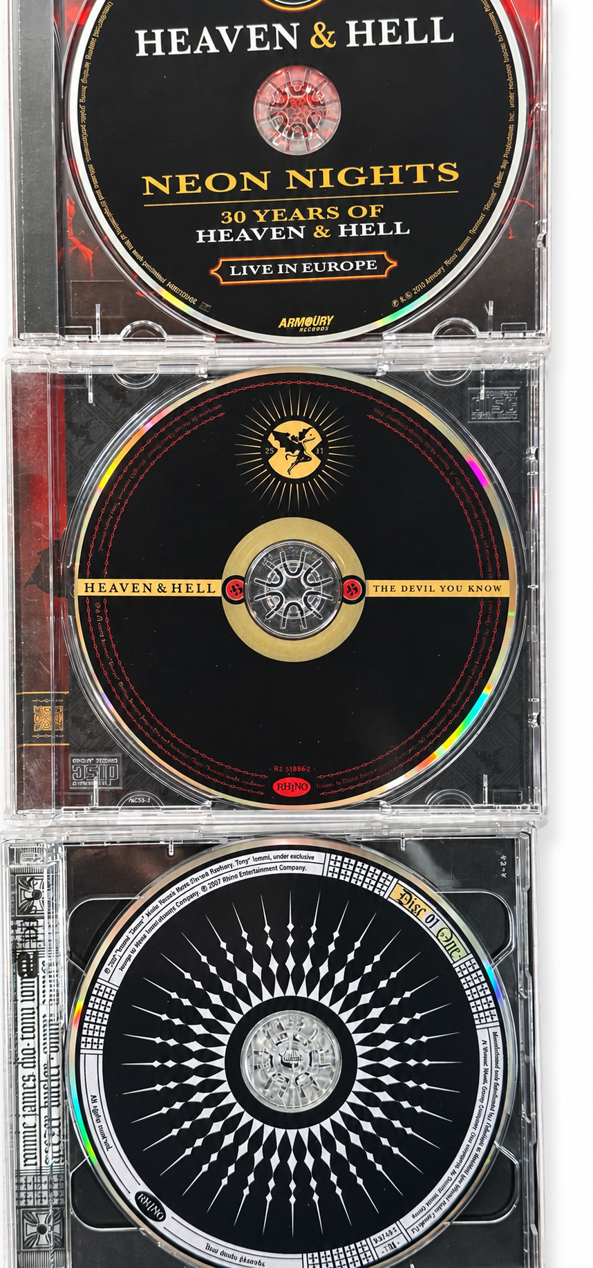 Heaven & Hell CD lot, AI-edited white background