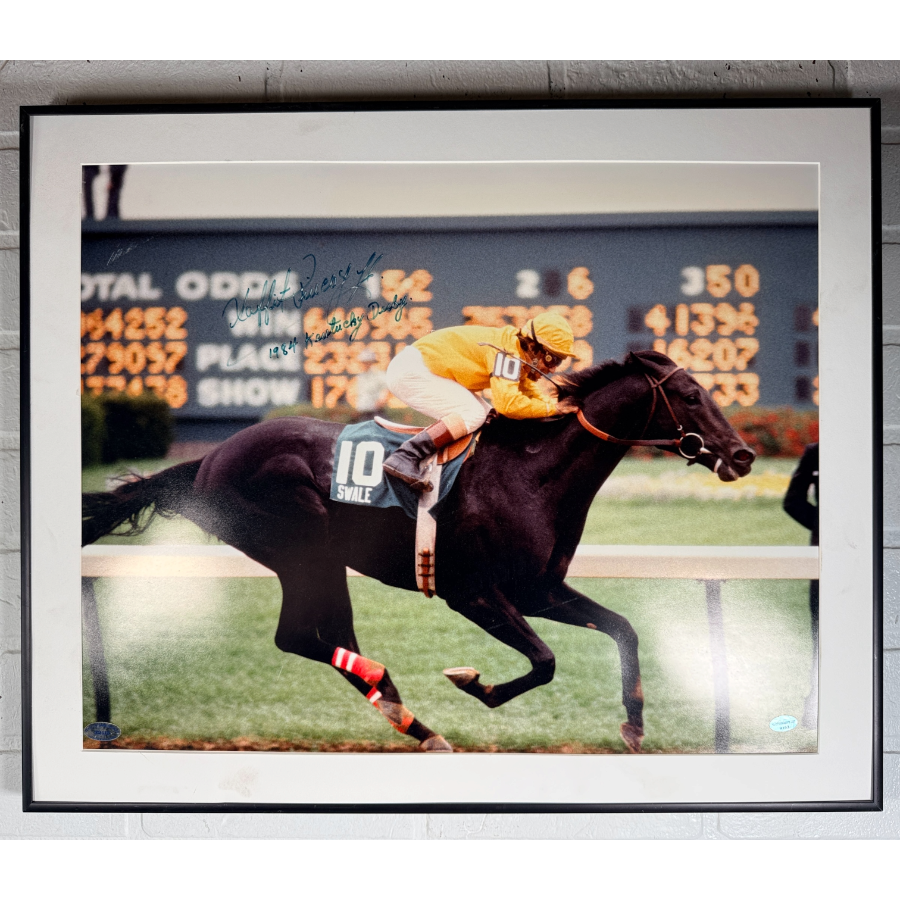Laffit Pincay Jr. signed 16×20 photo riding Swale at the 1984 Kentucky Derby. Framed and matted with Hall of Fame Sports authentication.