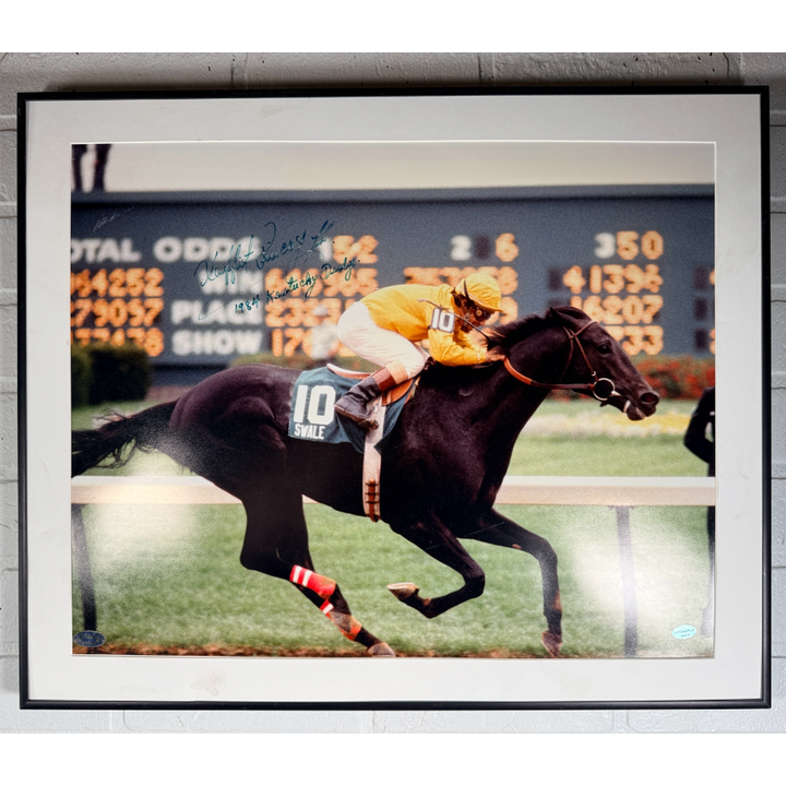 Laffit Pincay Jr. signed 16×20 photo riding Swale at the 1984 Kentucky Derby. Framed and matted with Hall of Fame Sports authentication.