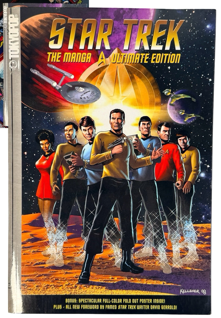 Star Trek: The Manga, Volume 4: A Ultimate Edition comic book cover, featuring the Star Trek crew standing on a red alien planet with the USS Enterprise and planets in the background. Published by Marvel.