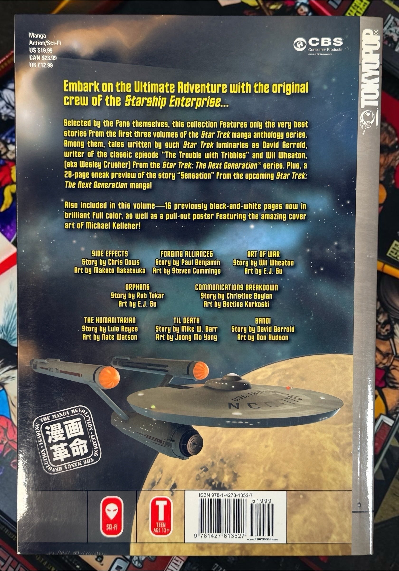 The back cover of the Star Trek: Embark on the Ultimate Adventure collectible box set, featuring a dark space background with a spaceship, character artwork, and text details, photographed against a colorful background of other boxes.