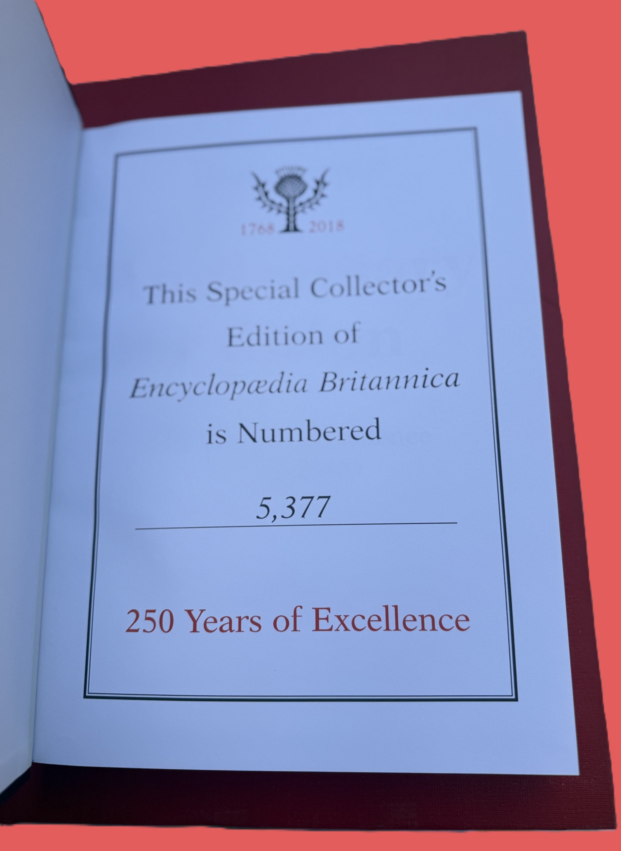 Rare Encyclopaedia Britannica 250th Anniversary Edition #5377, commemorating 250 years of publishing history. Limited collector's copy in excellent condition.