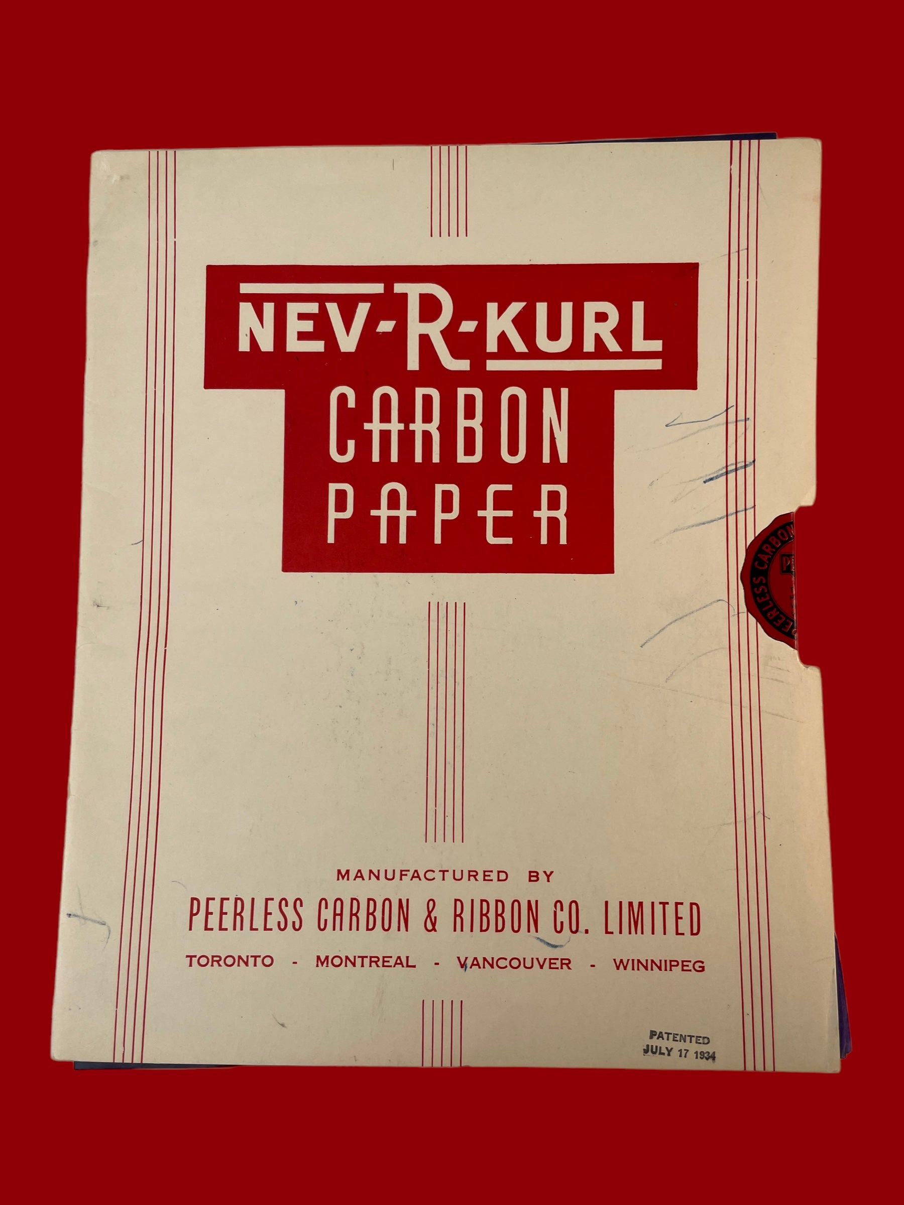 Papier carbone NEV-R-KURL, fabriqué par Peerless Carbon & Ribbon Co. Limited