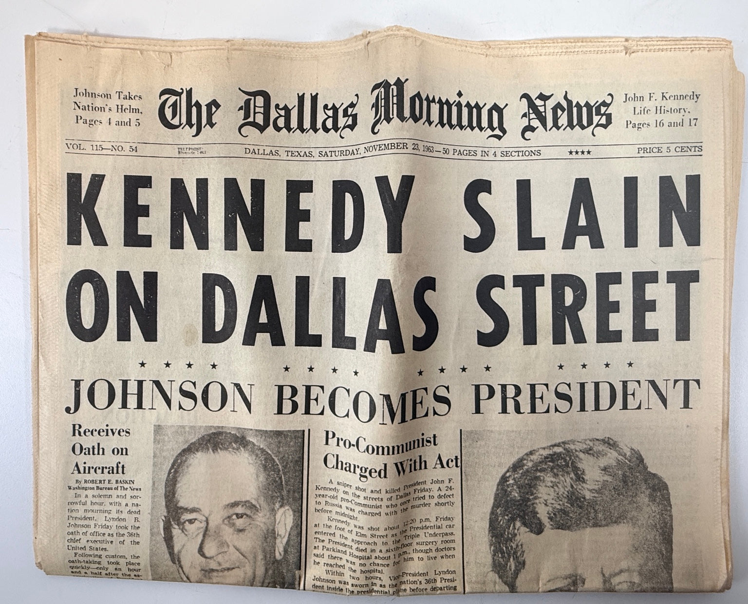 1963 Dallas Morning News JFK assassination headline front page