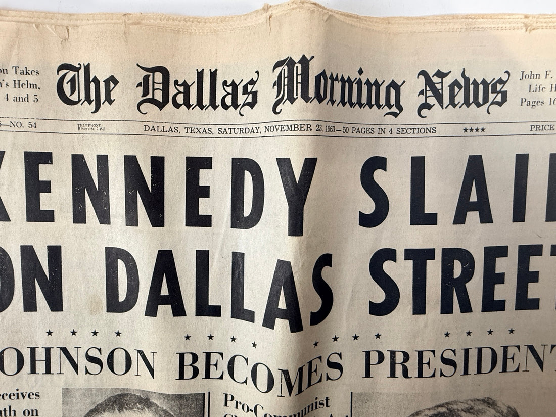 Close-up of Dallas Morning News masthead and Kennedy slain headline