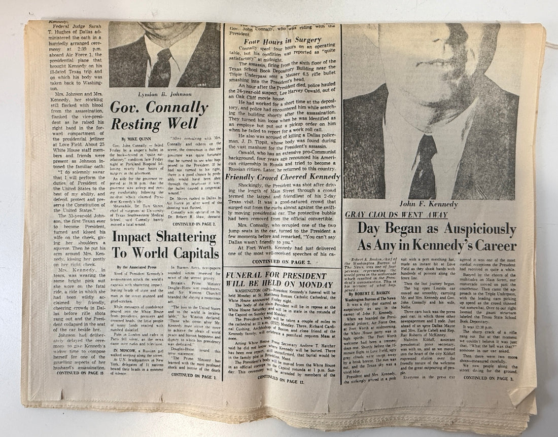 1963 newspaper interior Kennedy and Johnson reporting