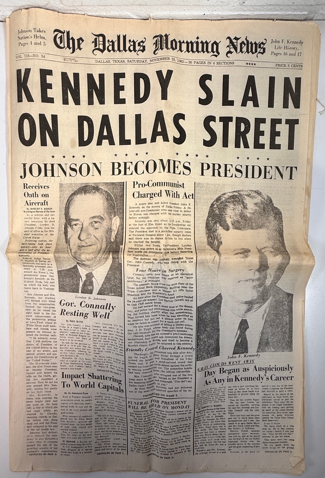 Full original JFK assassination newspaper front page unfolded