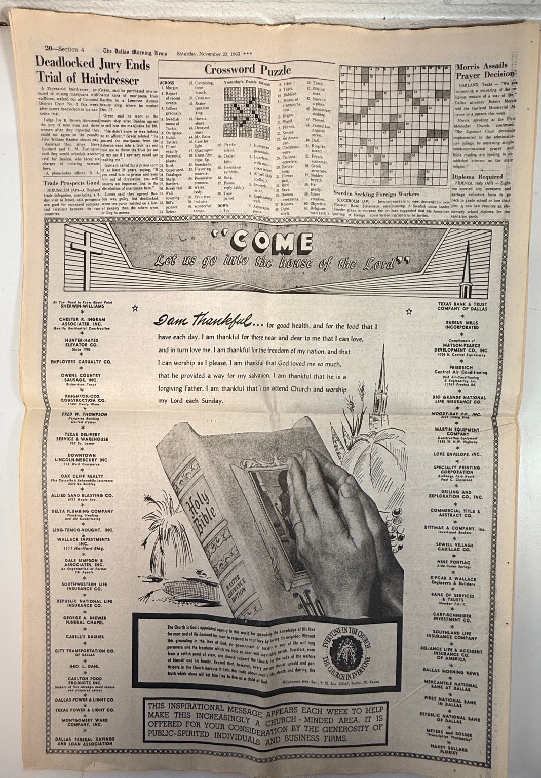 Dallas Morning News November 23 1963 interior crossword and advertisement page