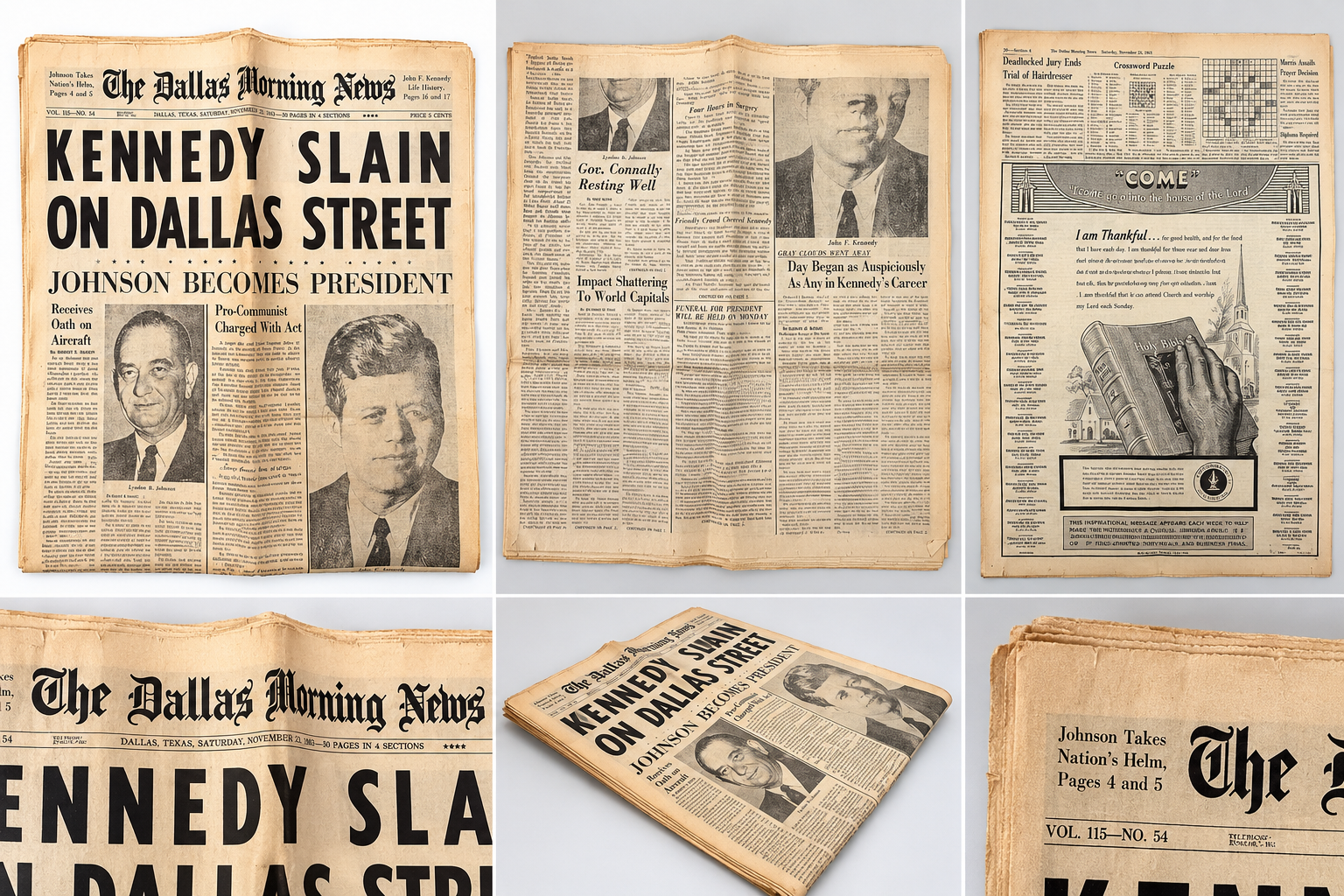 Stylized promotional collage of 1963 Dallas Morning News JFK newspaper; original photos show actual condition