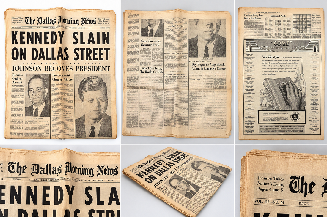 Stylized promotional collage of 1963 Dallas Morning News JFK newspaper; original photos show actual condition