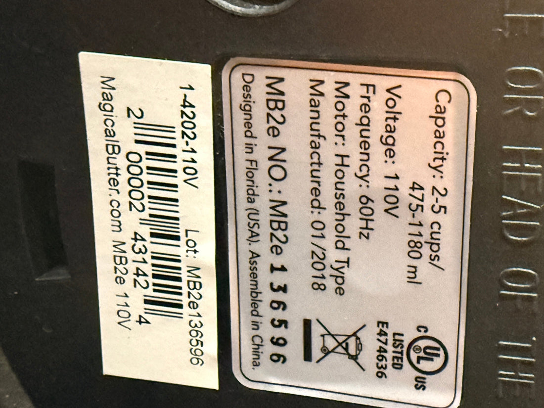 MagicalButter MB2e label: model, January 2018 manufacturing date and assembled in China