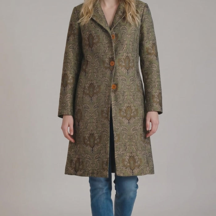 Vintage Newport News tapestry coat jacket with olive damask jacquard weave, metallic threading, and longline 90s statement silhouette