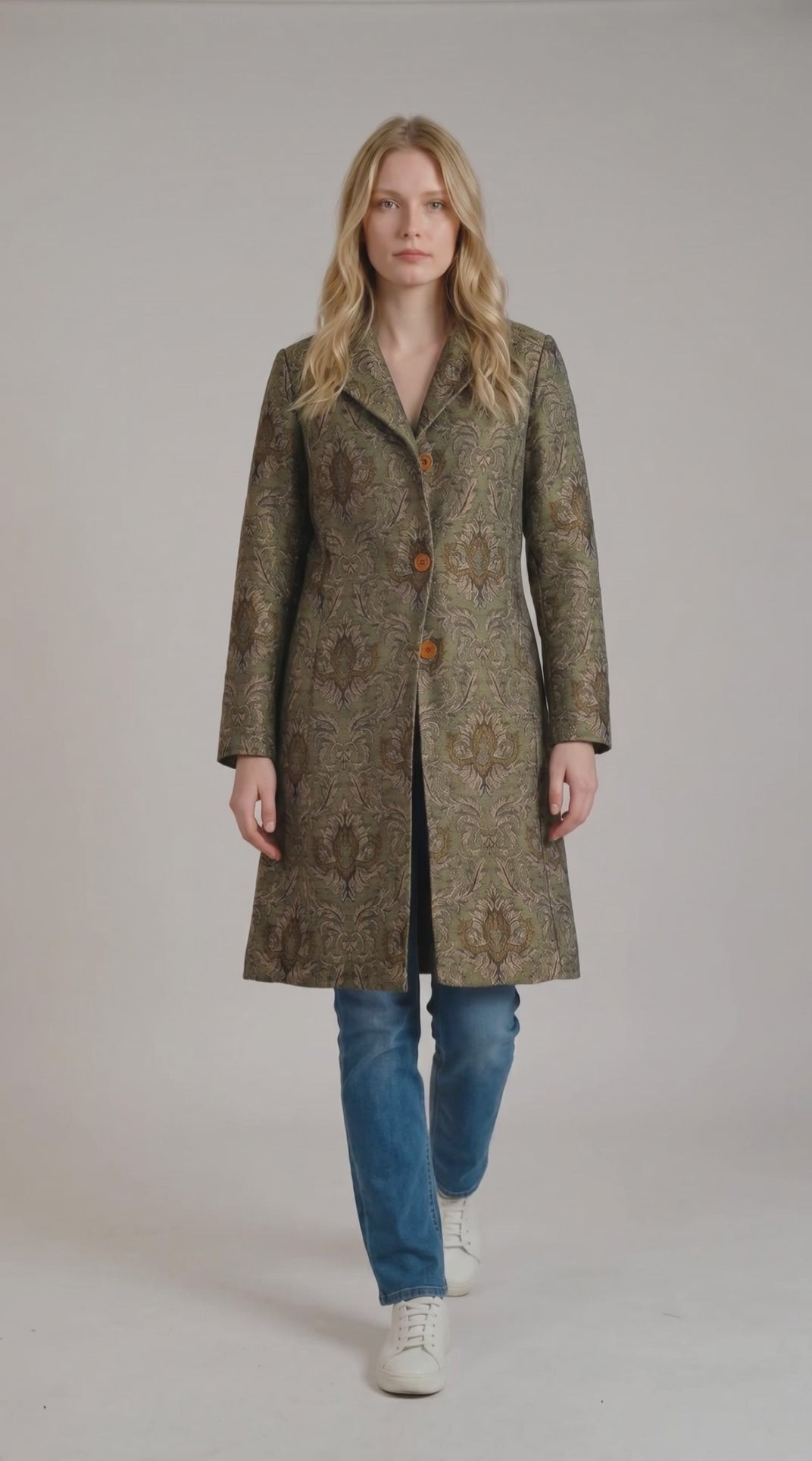 Vintage Newport News tapestry coat jacket with olive damask jacquard weave, metallic threading, and longline 90s statement silhouette