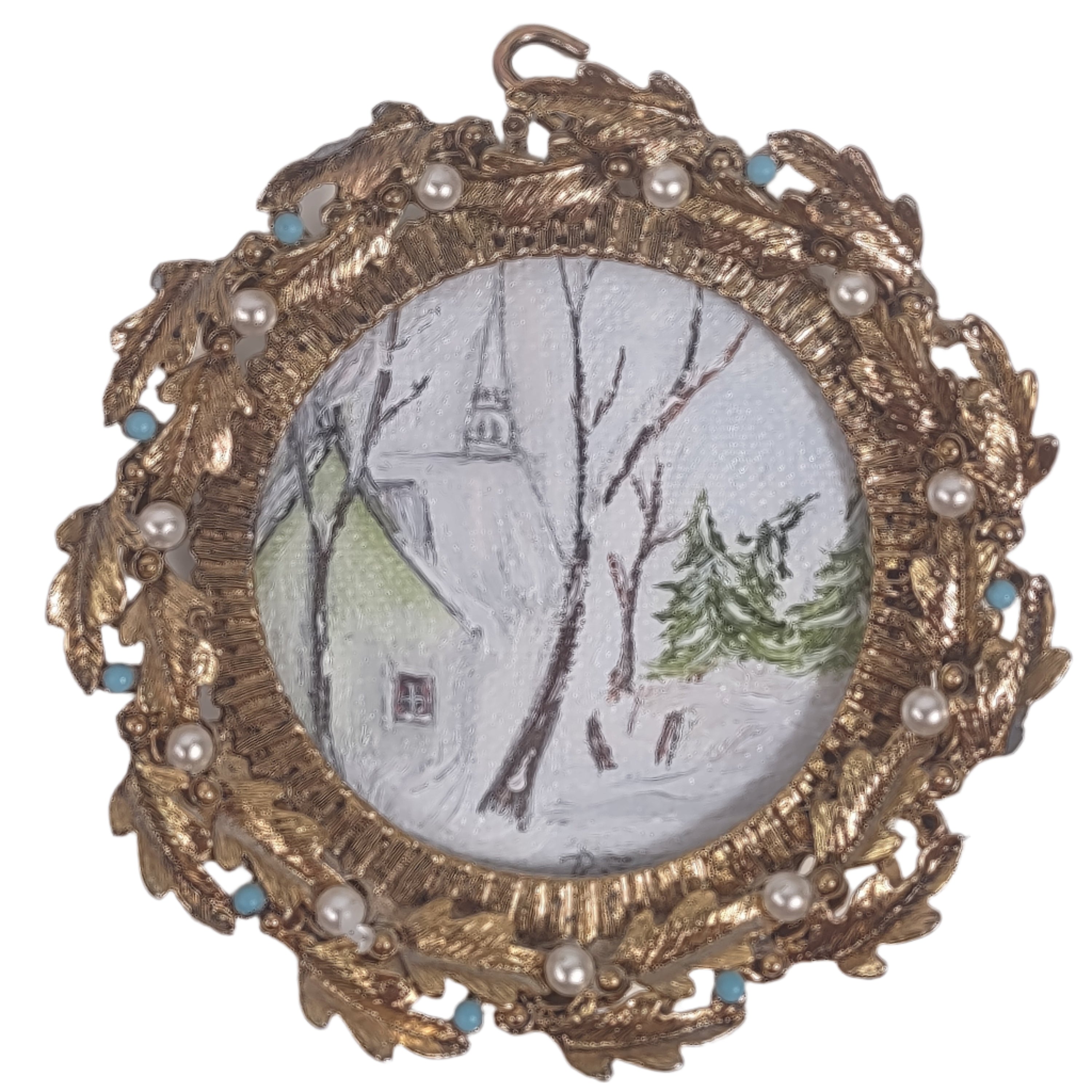 Peintures miniatures italiennes vintage de style rococo – Cadres dorés avec fausses perles et turquoise, support en velours rouge – Paire